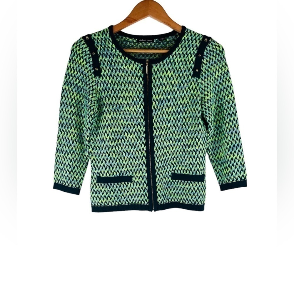Michael Simon Women’s Green Zip Up Knit Cardigan Studded Embellished Size S
